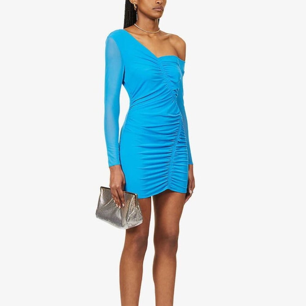 Self Portrait Mesh Sleeved Ruched Mini Dress Size 10 Blue